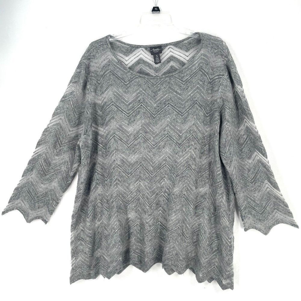 CHICOS Travelers Womens Sweater‎ 3/4 Sleeve GRAY Chevron Size 3 (XL/16) Sheer